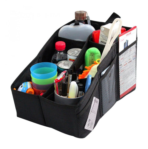 Car Console Organizer with 6 Large Pockets, 2 Cup Holders + Adjustable Dividers for Keeping Miscellaneous Items Organized- Use in Front or Back to Store Kids' Toys, Books, Snacks etc